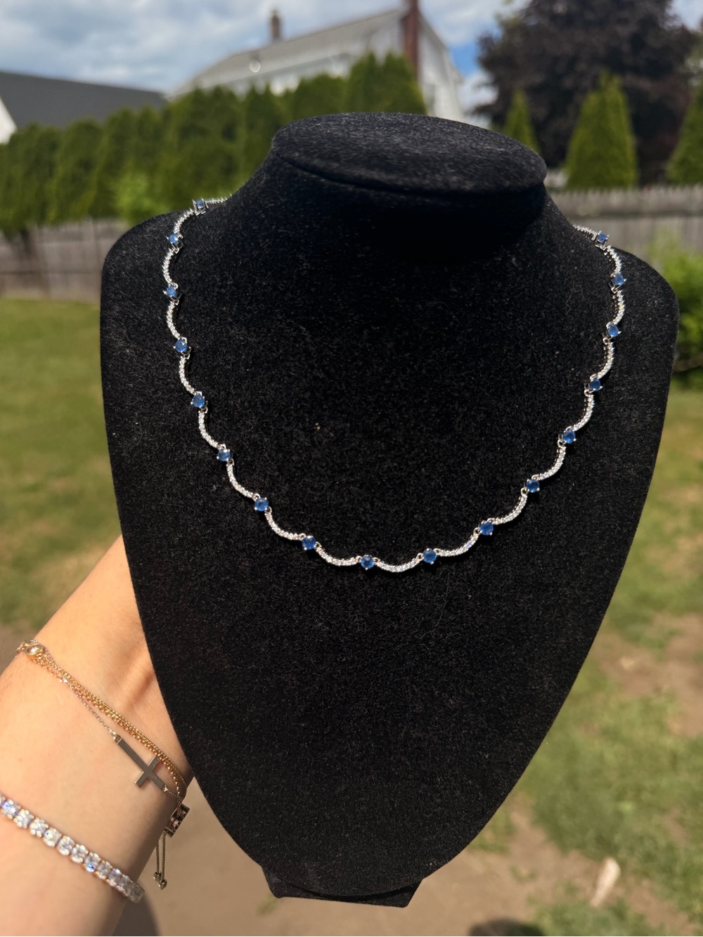 14k White Gold 6 Ctw Sapphire & Diamond Tennis Necklace 17”.